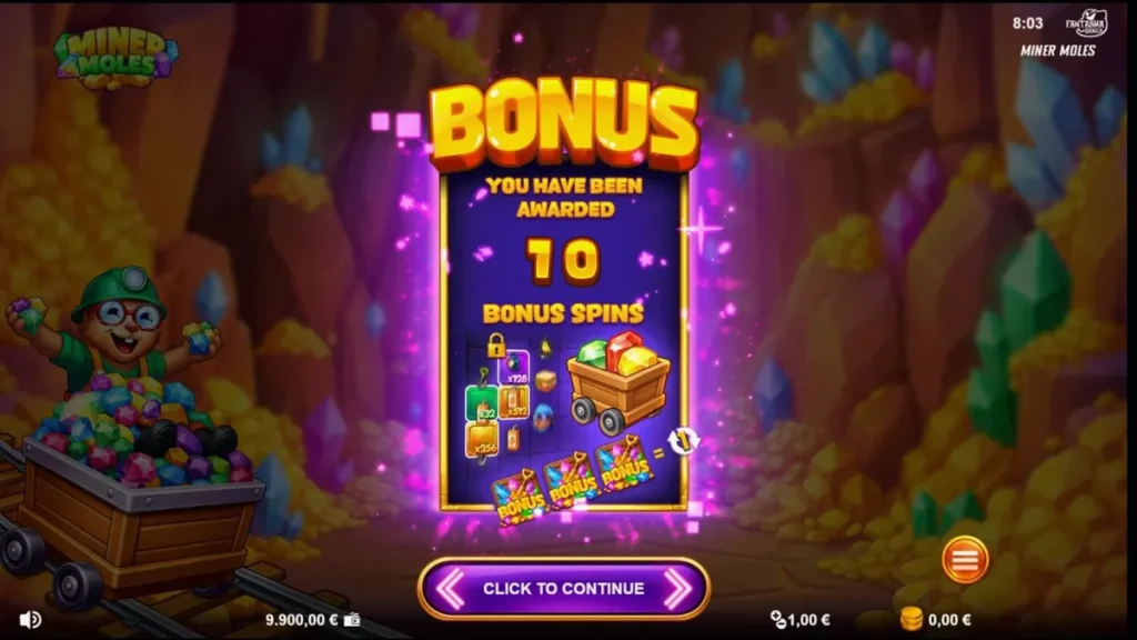Tampilan visual slot Miner Moles dengan latar belakang gua kristal yang gelap dan atmosferik.