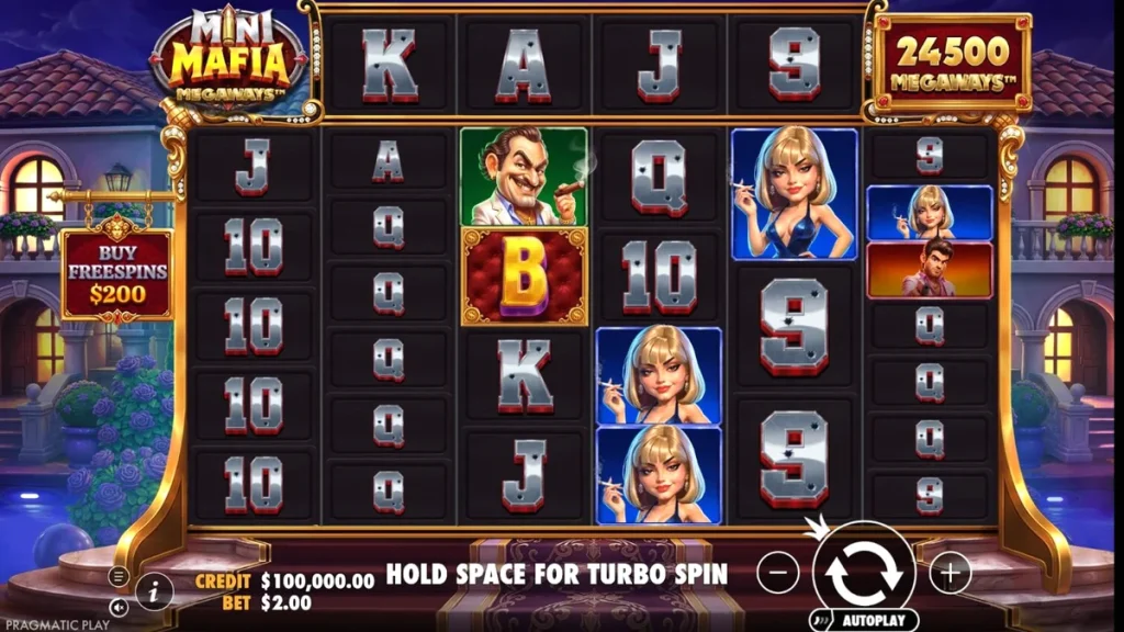 Mini Mafia Megaways slot machine interface with crime theme