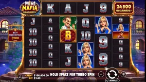 Mini Mafia Megaways slot machine interface with crime theme
