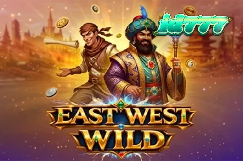 Pemandangan visual slot East West Wild dengan latar belakang gurun dan elemen kuil kuno
